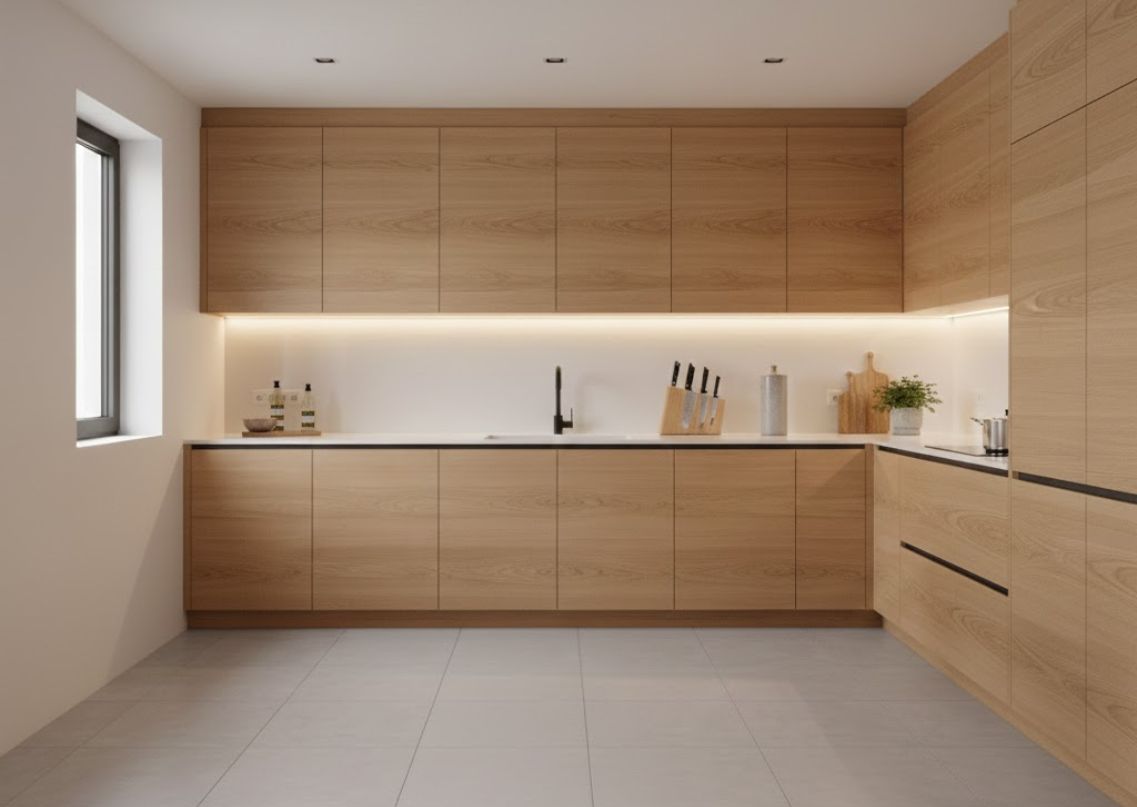 L-shaped wooden kitchen with under-cabinet lighting - Beautiful Homes