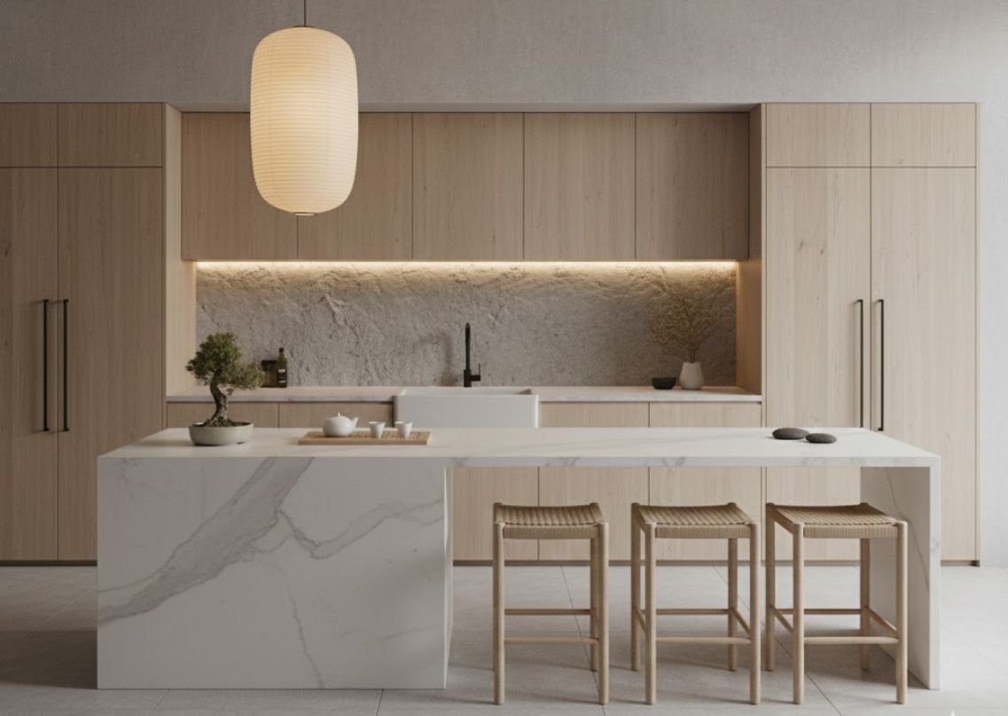 Modern kitchen with marble island and wooden cabinets - Beautiful Homes