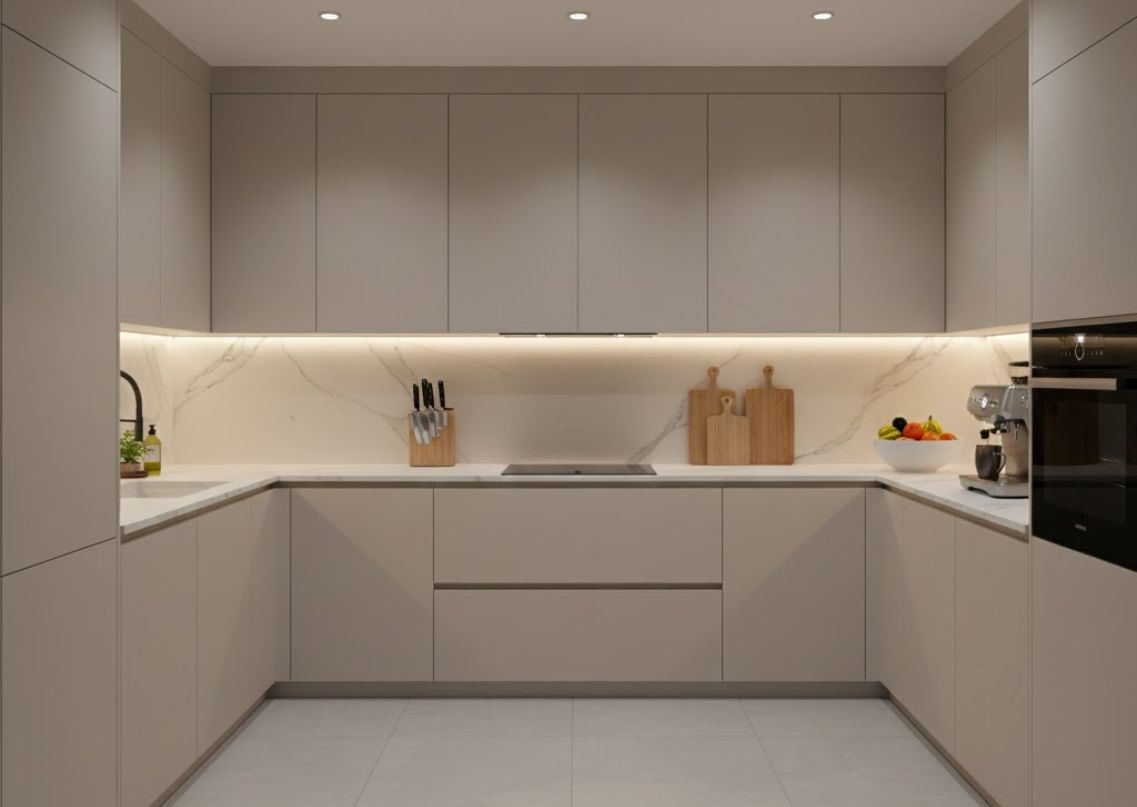 Modern U shaped kitchen with marble accents - Beautiful Homes