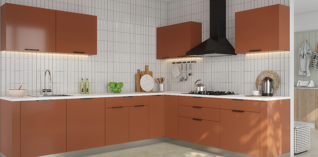 Minimal white & brown L-shaped kitchen design-Beautiful Homes