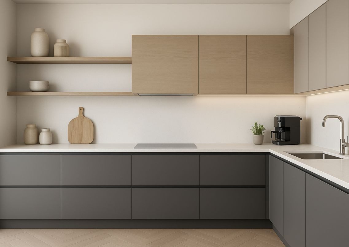 Modern kitchen with grey cabinets and wooden shelves - Beautiful Homes