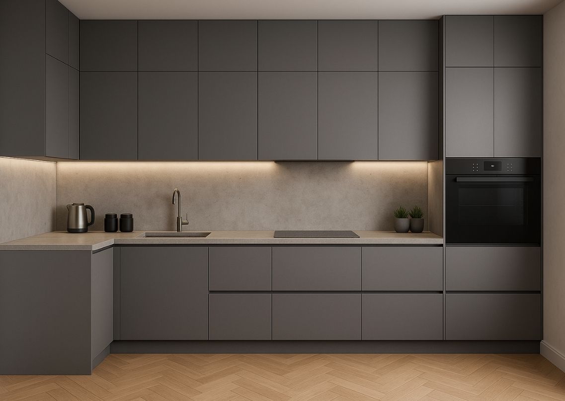 L shaped grey kitchen with marble countertops - Beautiful Homes