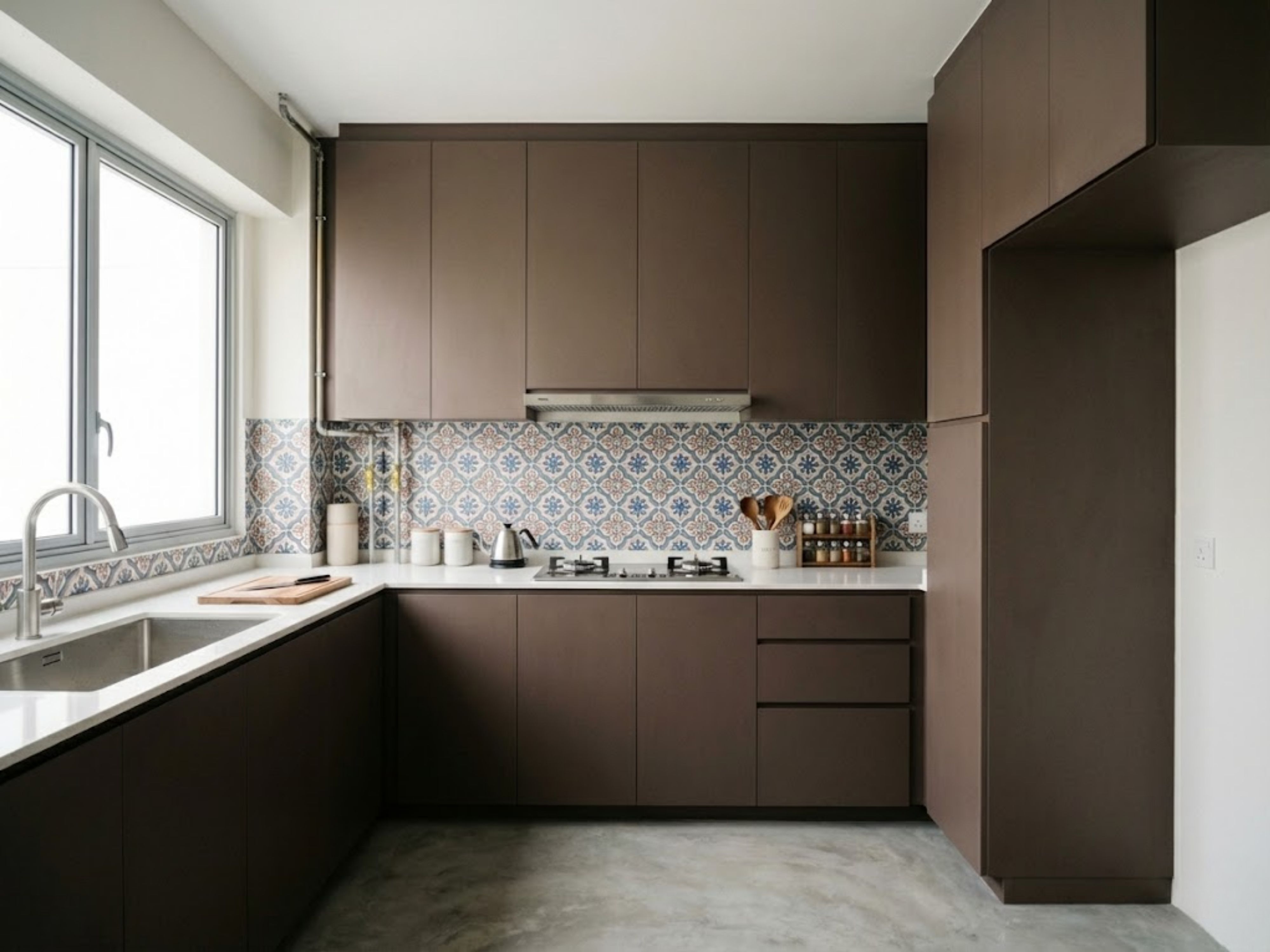 Brown modular kitchen with patterned tiles and window - Beautiful Homes
