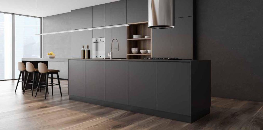 Minimalistic Crest Collection by Sleek Kitchen with black shutters and wooden flooring - Beautiful Homes