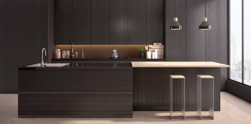 Minimalistic Crest Collection by Sleek Kitchen with wooden flooring - Beautiful Homes