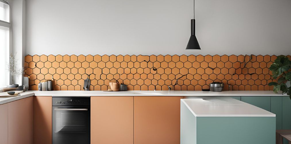 Minimalistic kitchen with orange hexagonal backsplash tiles - Beautiful Homes