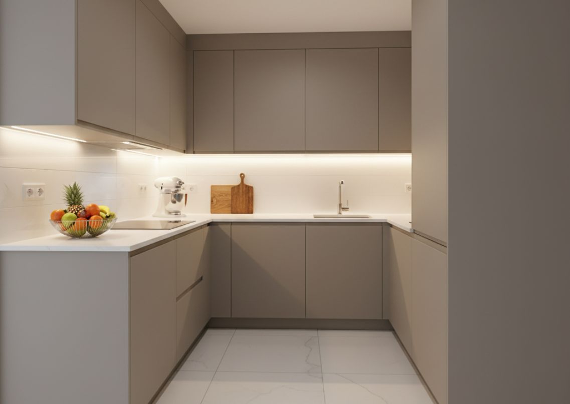 L-shaped kitchen with grey cabinets and marble countertops - Beautiful Homes
