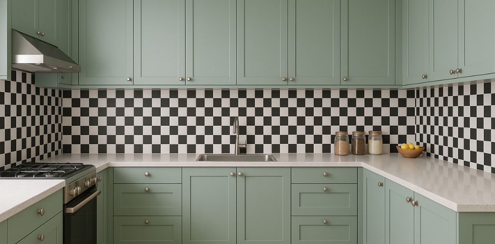 Kitchen with green cabinets and checkered backsplash - Beautiful Homes