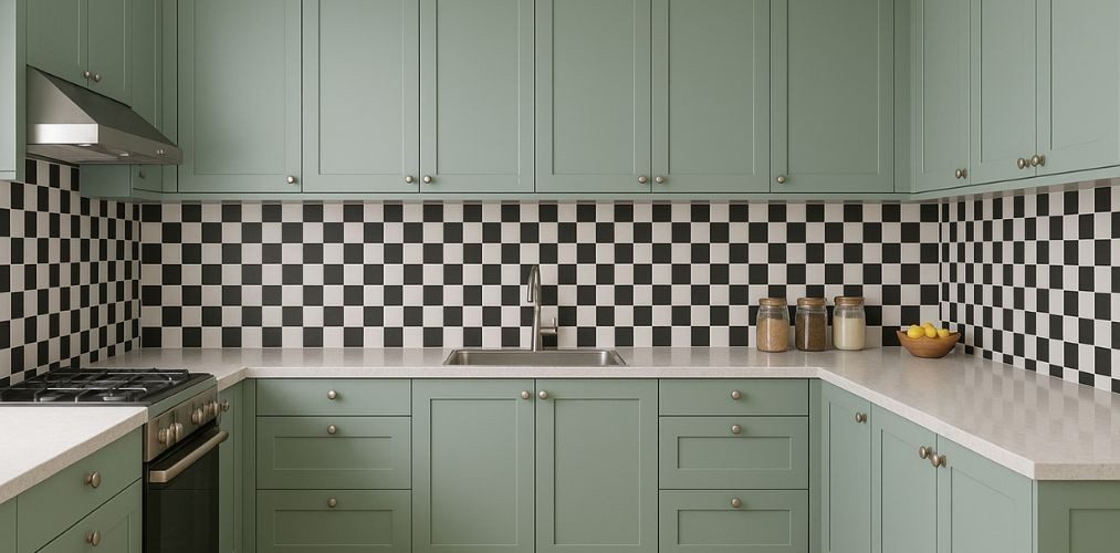 Kitchen with green cabinets and checkered backsplash - Beautiful Homes