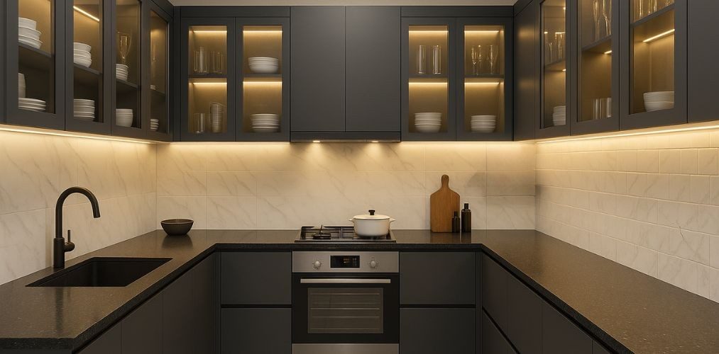 Modern grey kitchen with glass cabinets and lighting - Beautiful Homes