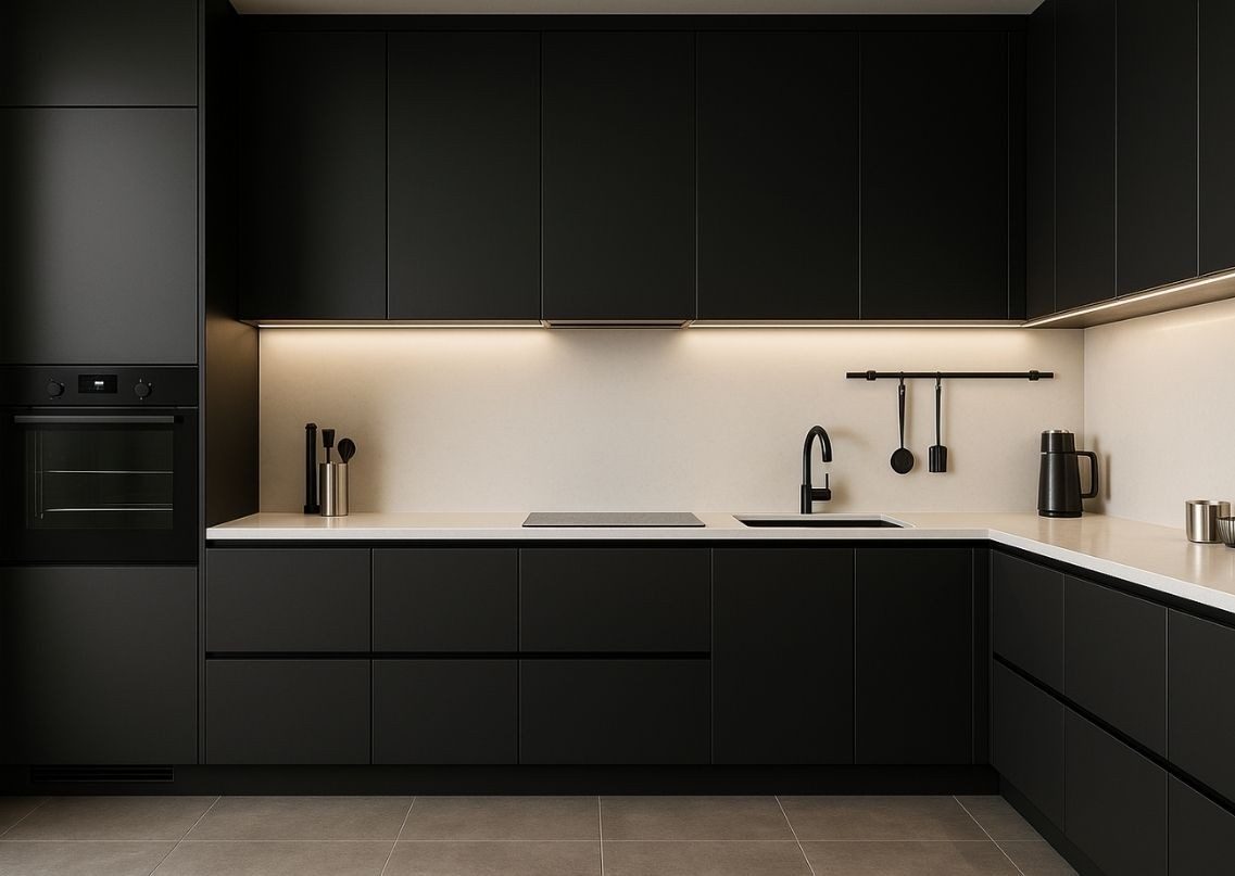Black modular kitchen with matte cabinets and lighting - Beautiful Homes
