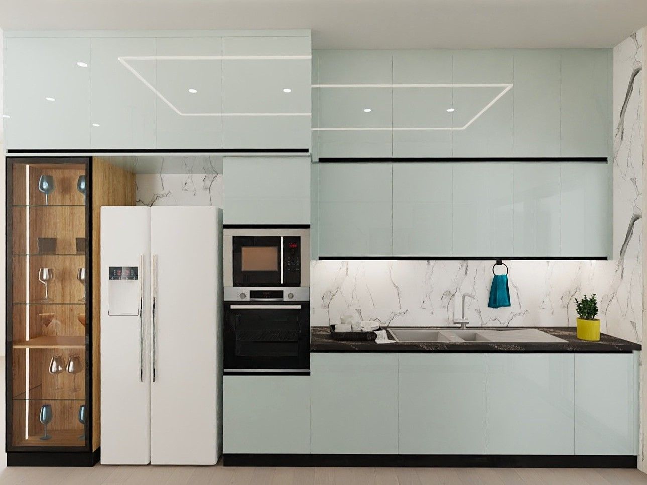 Modern kitchen featuring mint green cabinets, marble backsplash, and built-in appliances - Beautiful Homes