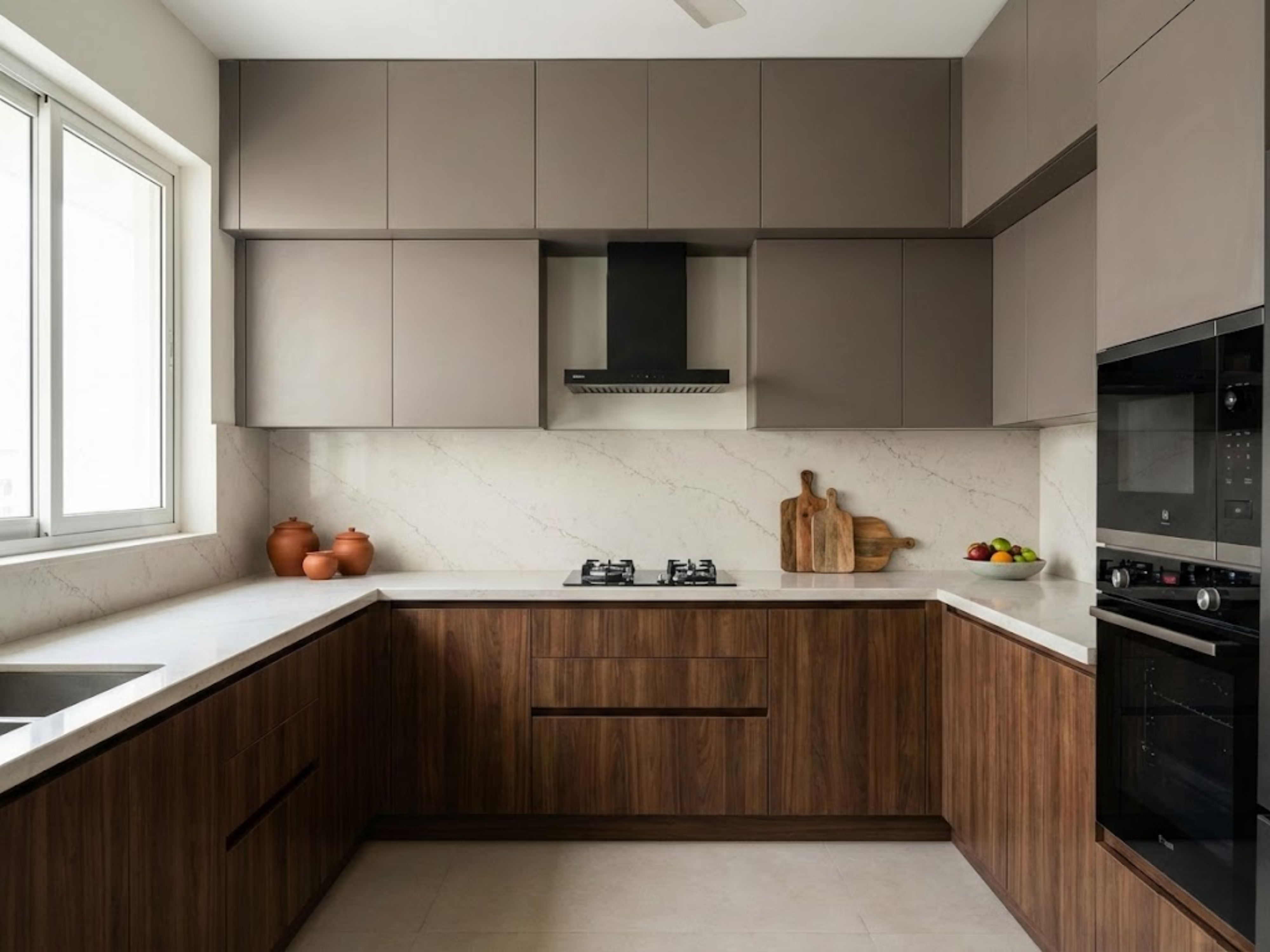 U-shaped kitchen with wooden cabinets and marble tops - Beautiful Homes