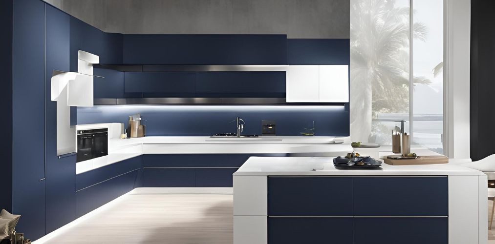 Modern dark blue and white modular island kitchen design - Beautiful Homes