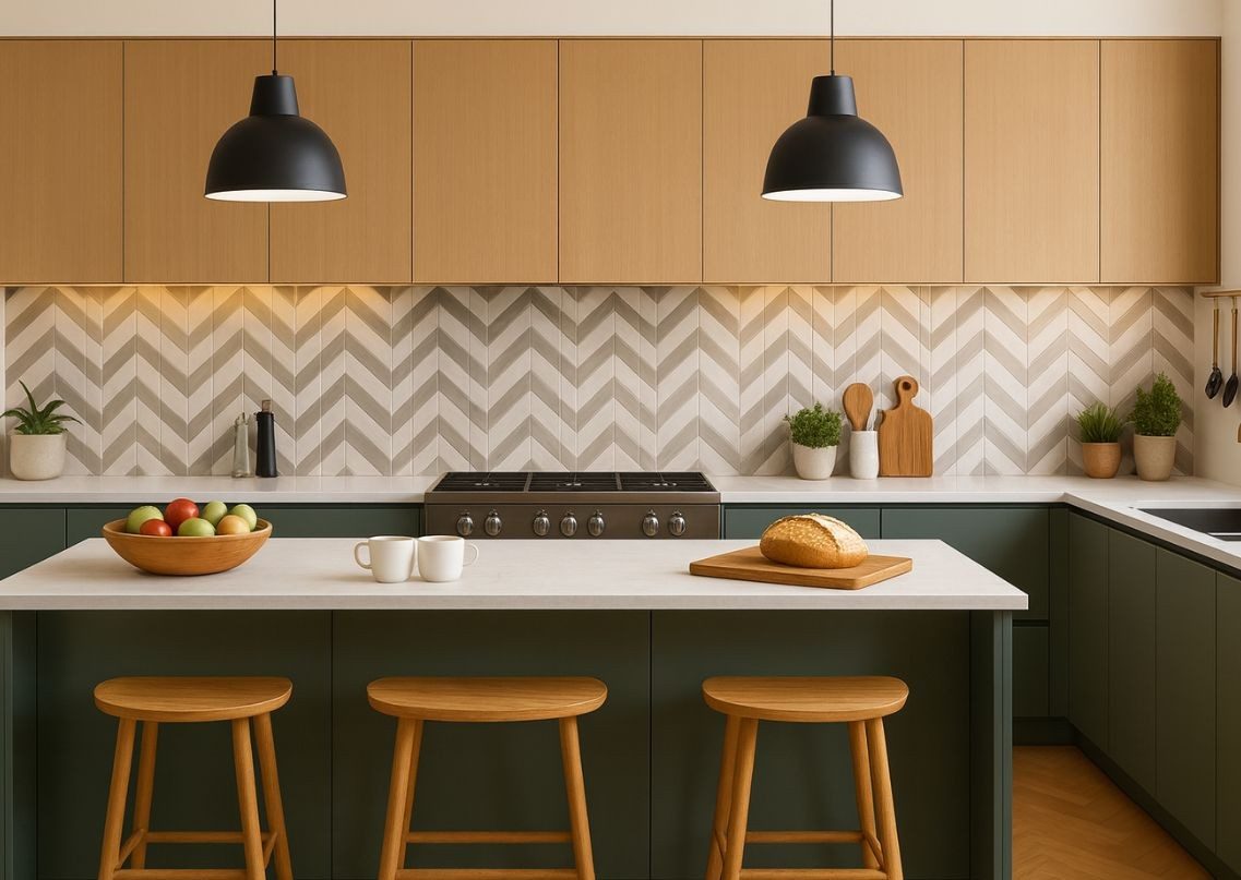 Modern kitchen with chevron backsplash and island - Beautiful Homes