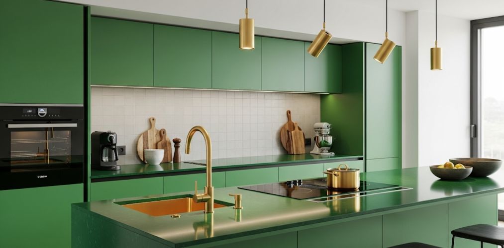 Green kitchen with gold fixtures and marble top - Beautiful Homes