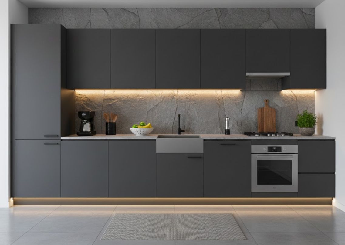 Modern grey kitchen with cabinets and lighting - Beautiful Homes