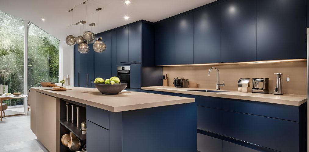 Modern island kitchen design with dark blue cabinets and beige countertop - Beautiful Homes