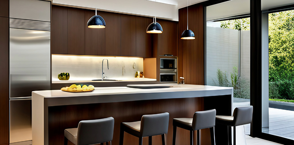 Modern island kitchen with grey bar stools-Beautiful Homes