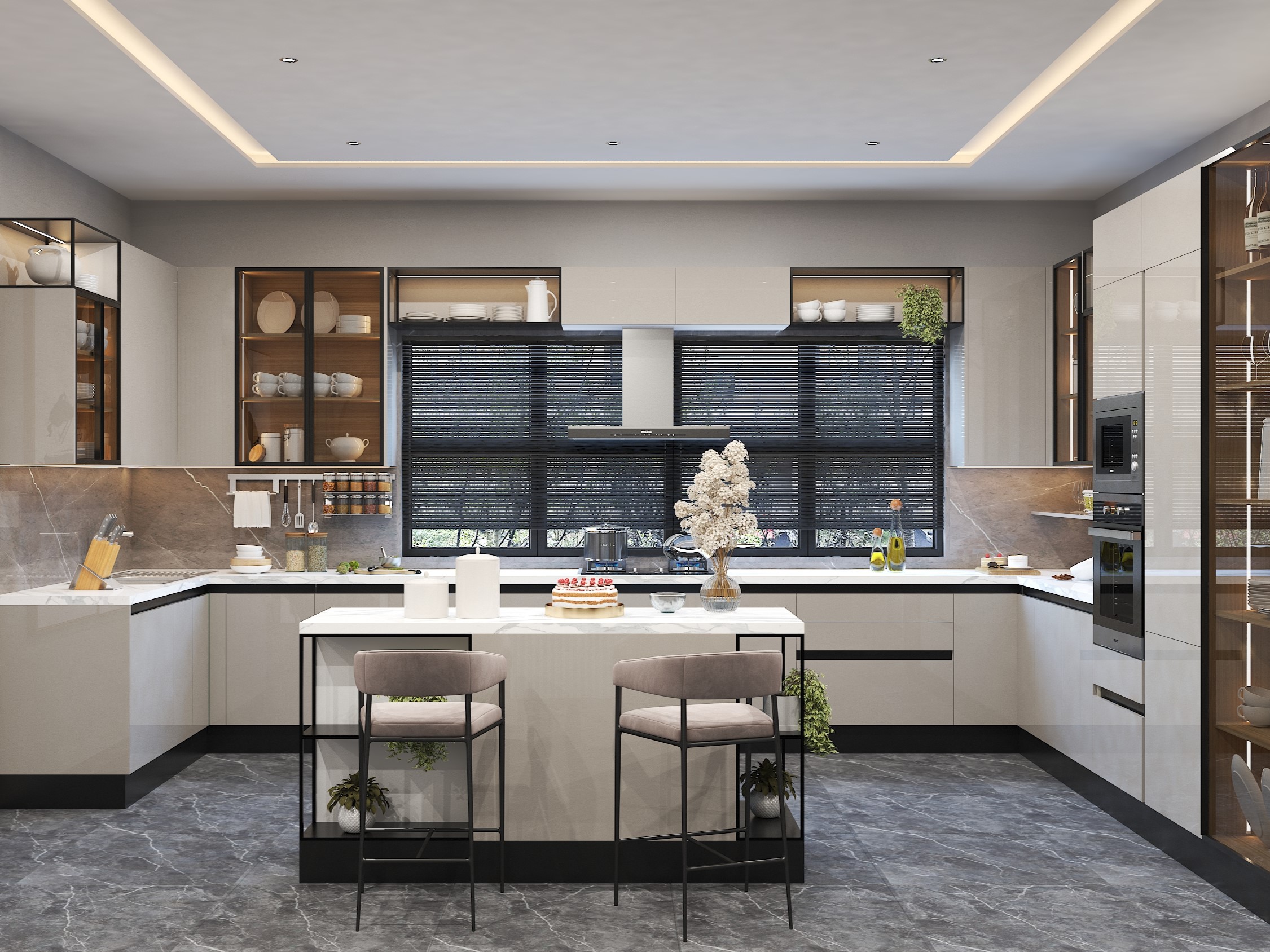 Modern kitchen with cabinets, marble counters, and window - Beautiful Homes