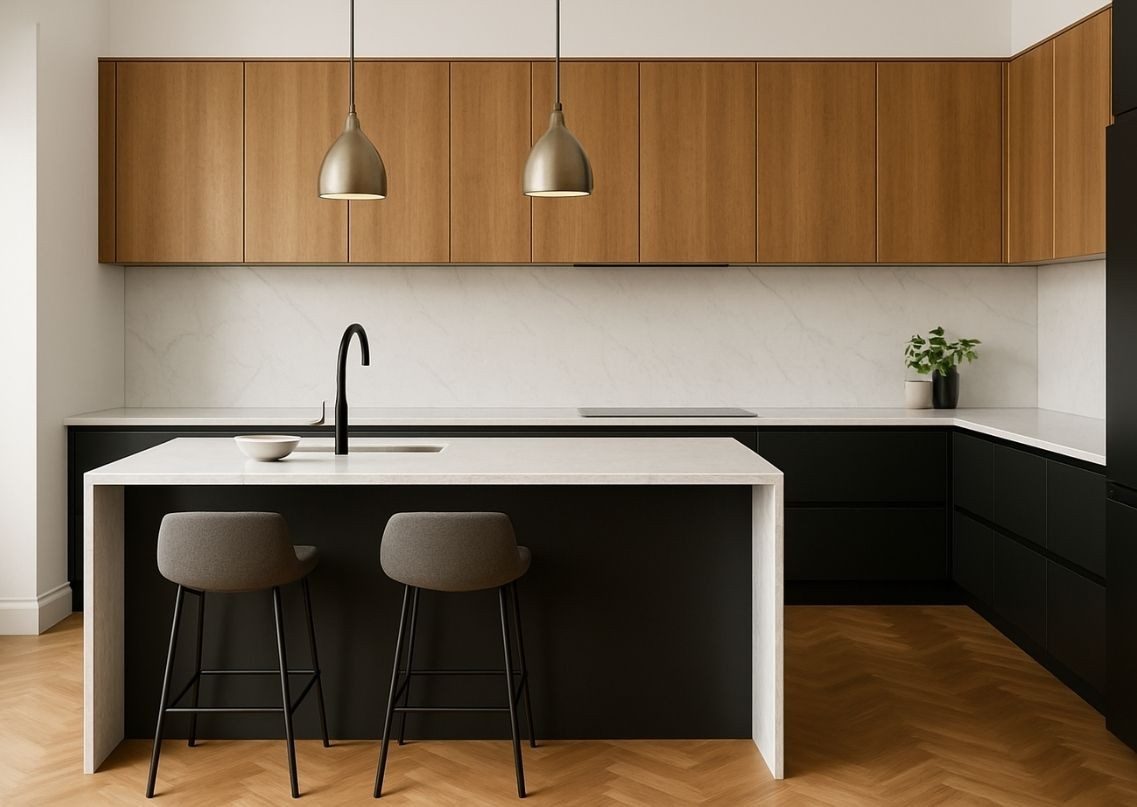 Modern kitchen with wood cabinets and marble island - Beautiful Homes
