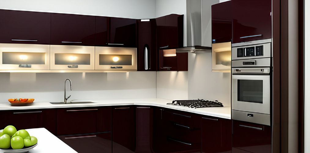 L shaped kitchen design with solid and glass modern cabinets-Beautiful Homes