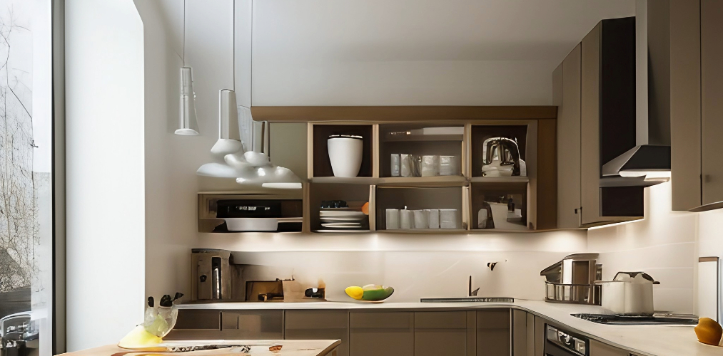 Modular small kitchen design in white and beige-Beautiful Homes
