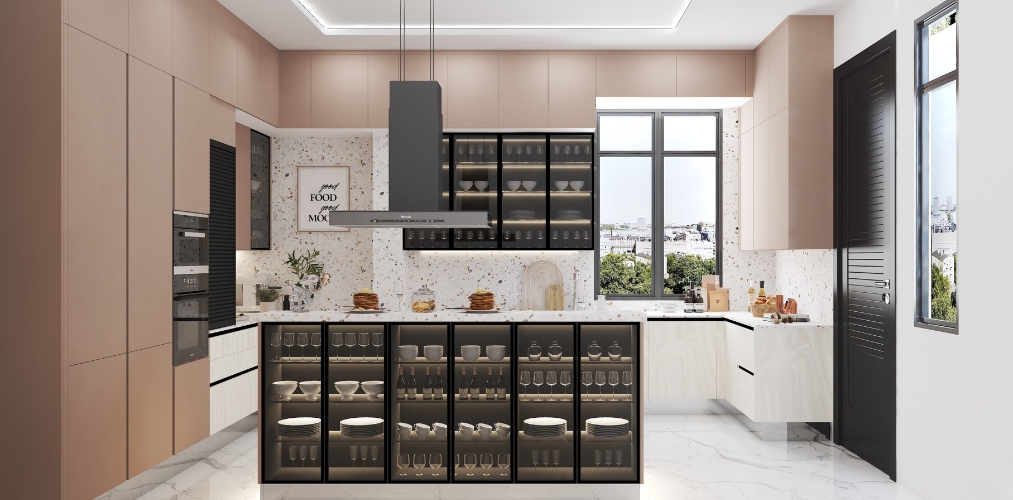 Modern kitchen design with beige kitchen wardrobe and white terrazzo backsplash tiles-Beautiful Homes