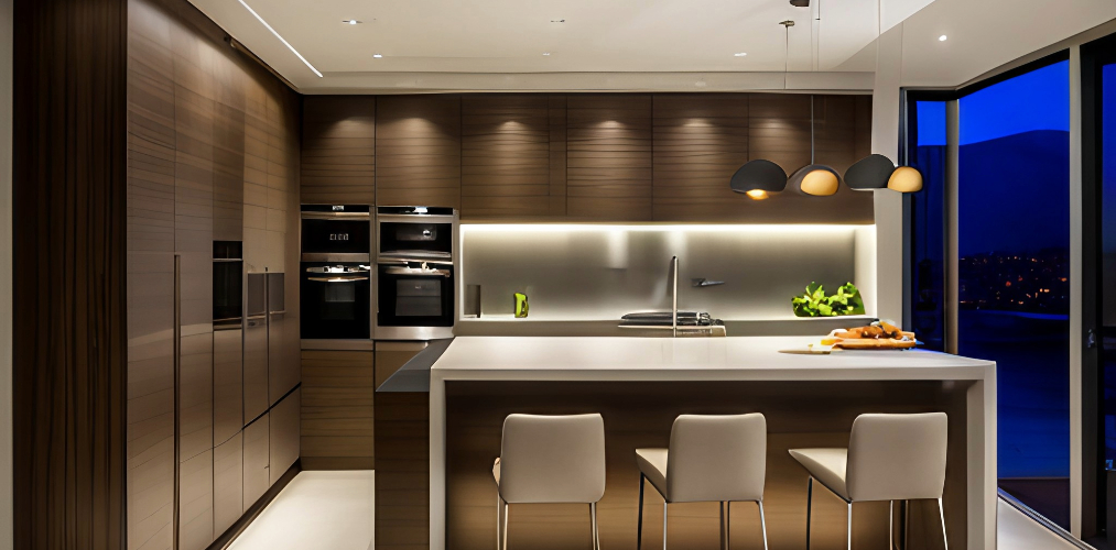 Modern kitchen design with wooden kitchen wardrobe and cove lights-Beautiful Homes