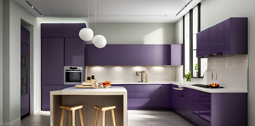 Modern kitchen design with purple cabinets and white dado tiles-Beautiful Homes