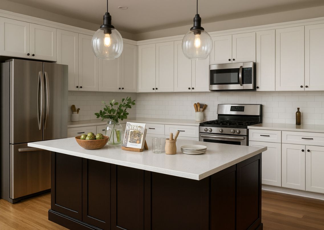 Modern kitchen with black island and white cabinets - Beautiful Homes