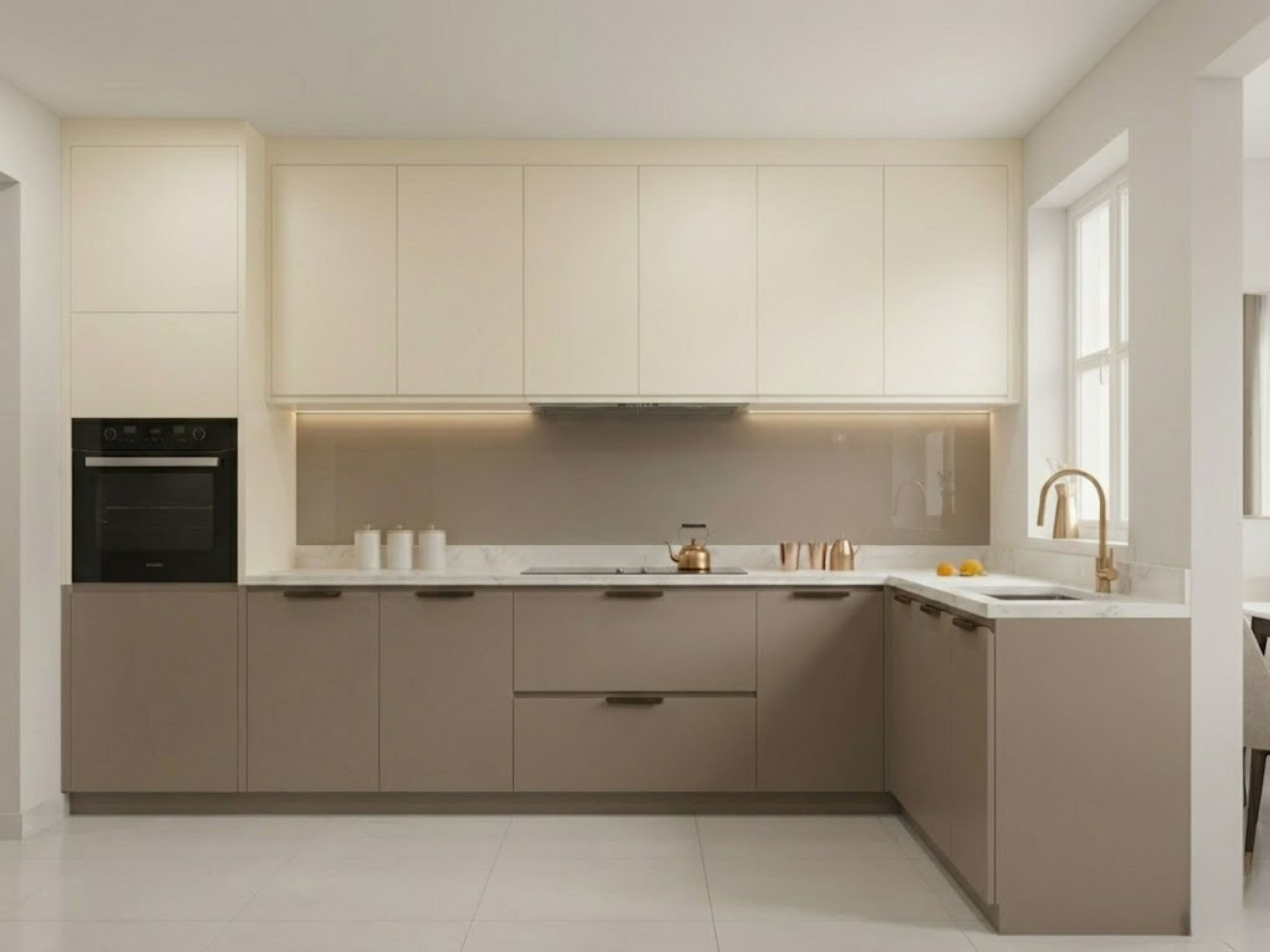 Beige L shaped kitchen with marble countertops - Beautiful Homes