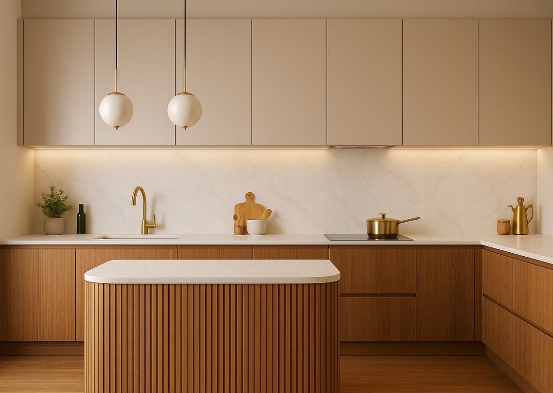 Stylish kitchen with wood cabinets and marble top - Beautiful Homes