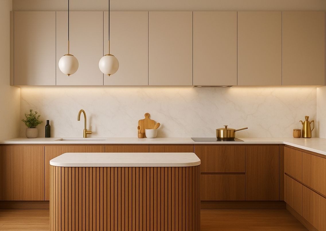 Stylish kitchen with wood cabinets and marble top - Beautiful Homes
