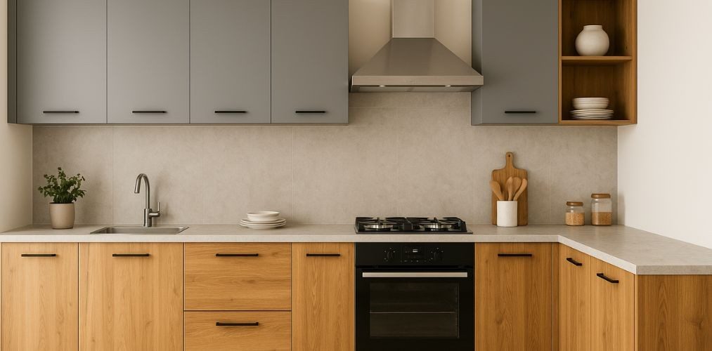 Grey and wood kitchen with marble countertop - Beautiful Homes