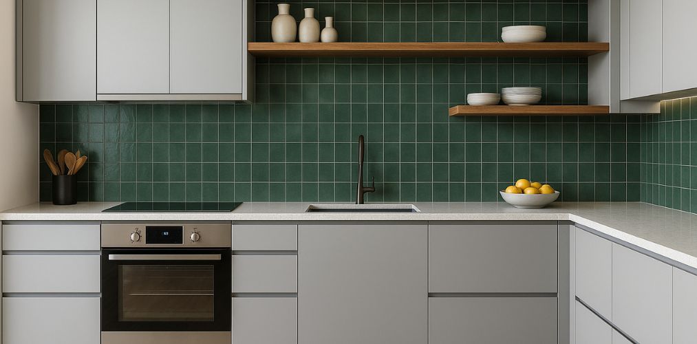 Modern kitchen with green tiles and grey cabinets - Beautiful Homes
