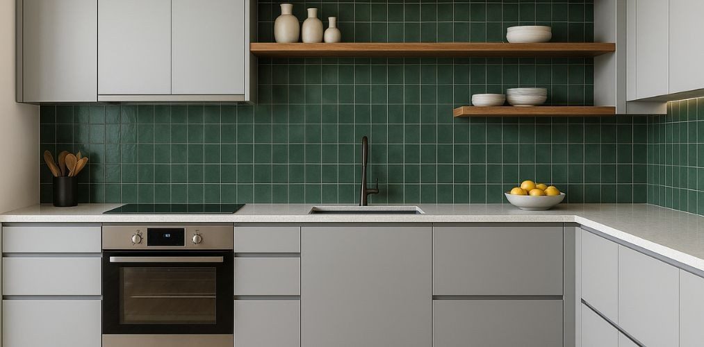 Modern kitchen with green tiles and grey cabinets - Beautiful Homes