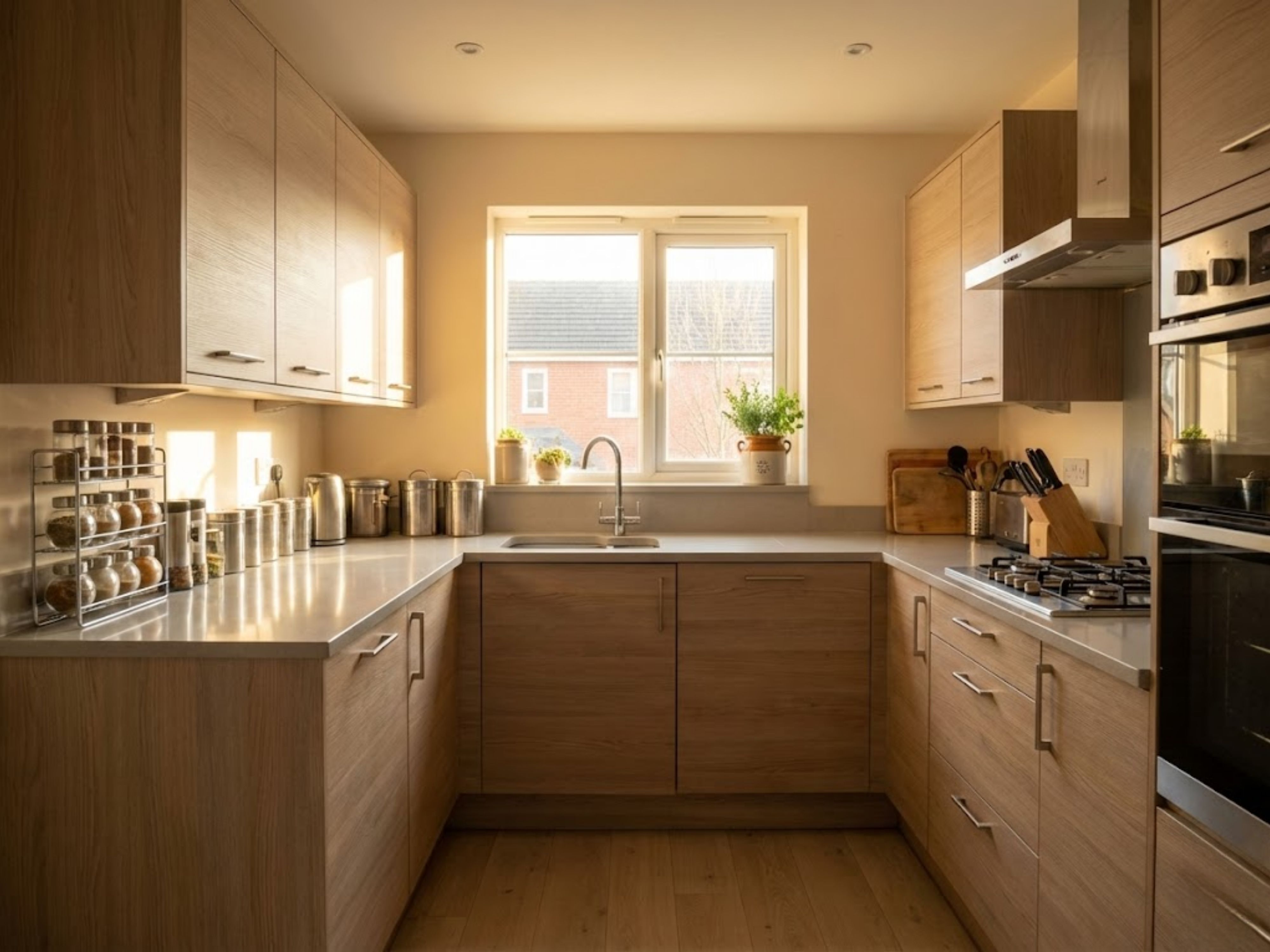 L-shaped kitchen with wooden cabinets and natural light - Beautiful Homes