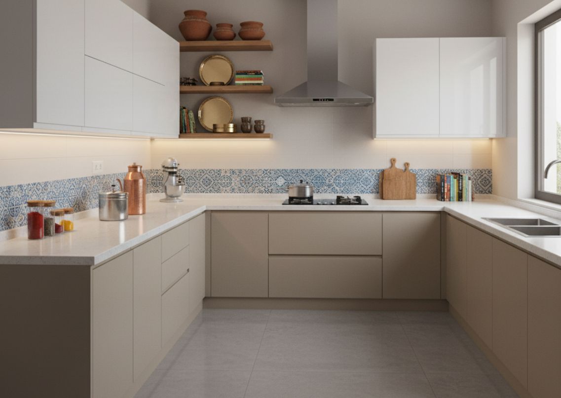 Beige kitchen with marble countertops and open shelves - Beautiful Homes