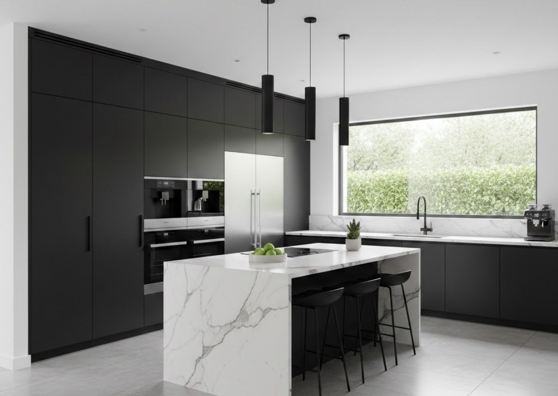 Black kitchen with marble island and sleek cabinets - Beautiful Homes