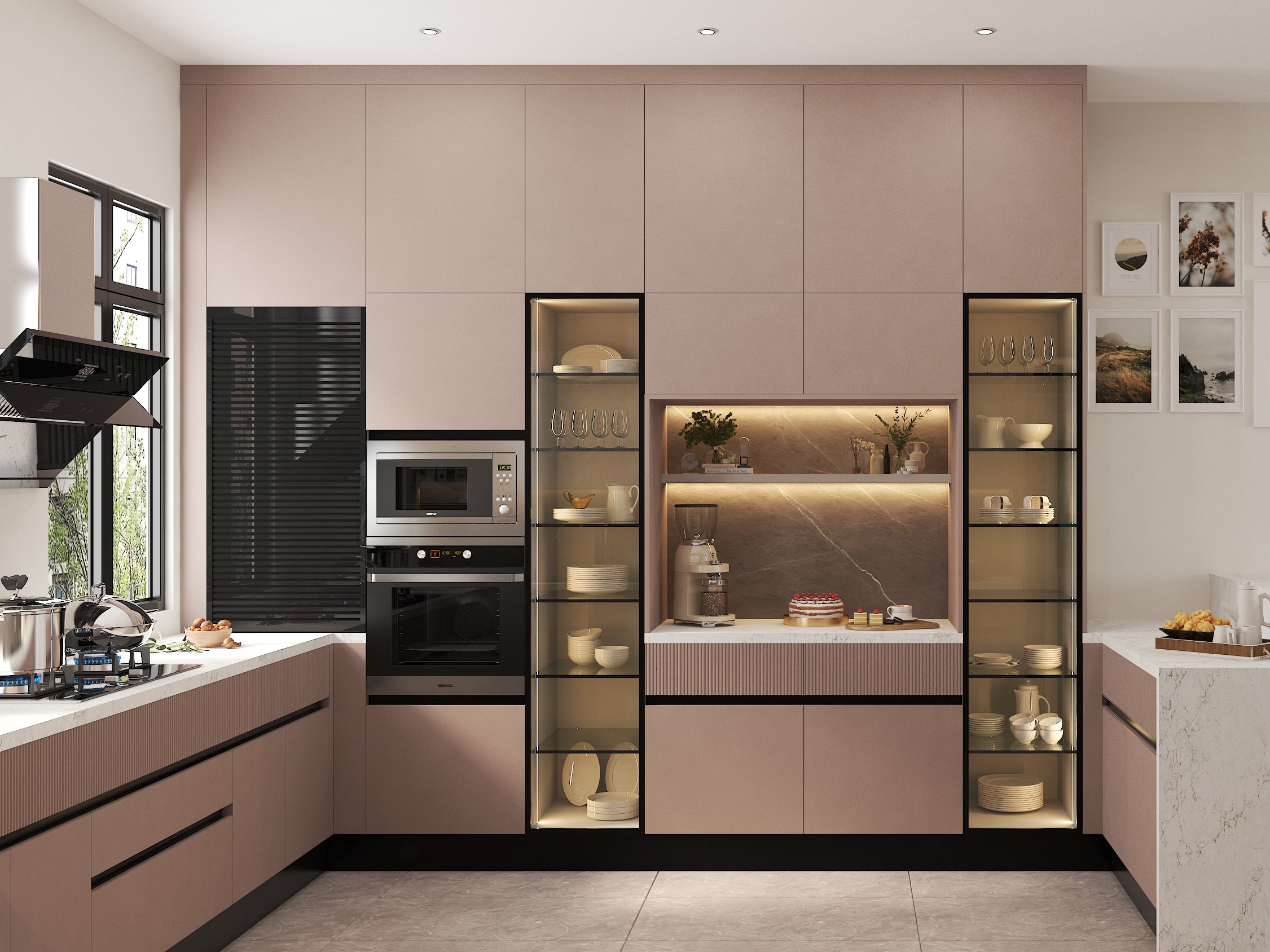 Modern kitchen with pastel cabinets and glass shelves - Beautiful Homes