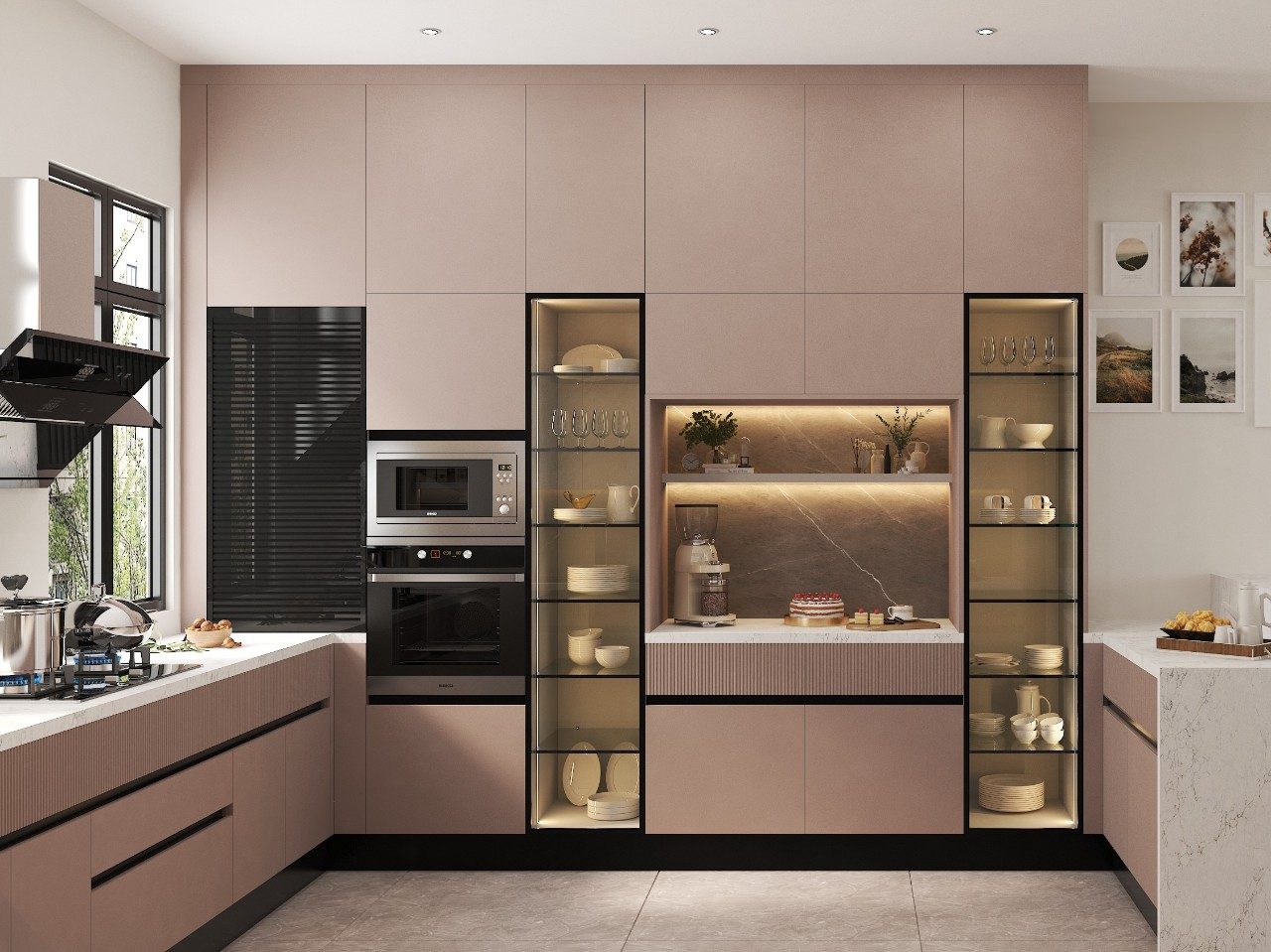 Modern kitchen with pastel cabinets and glass shelves - Beautiful Homes