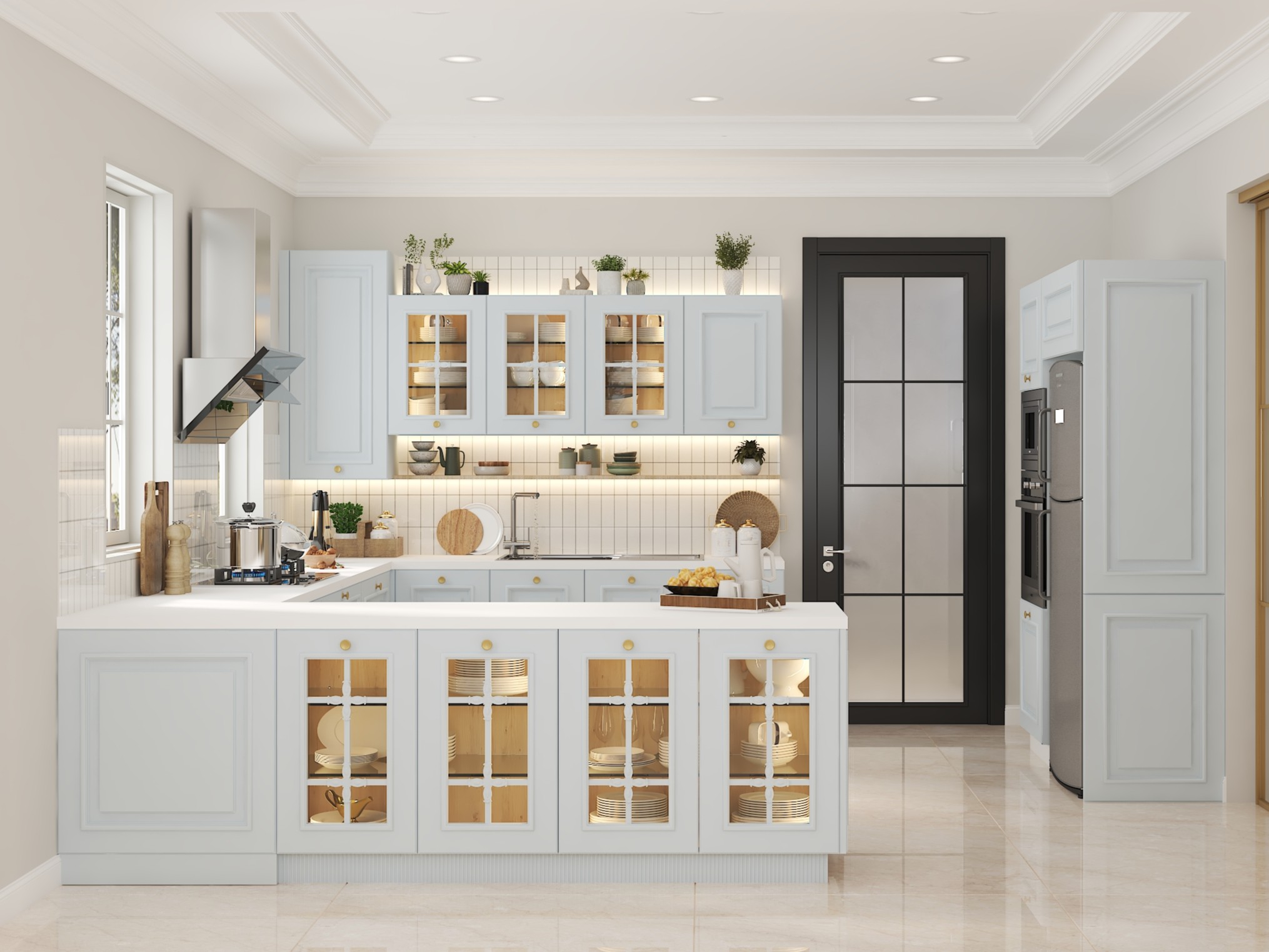 Bright kitchen with pastel cabinets and glass details - Beautiful Homes