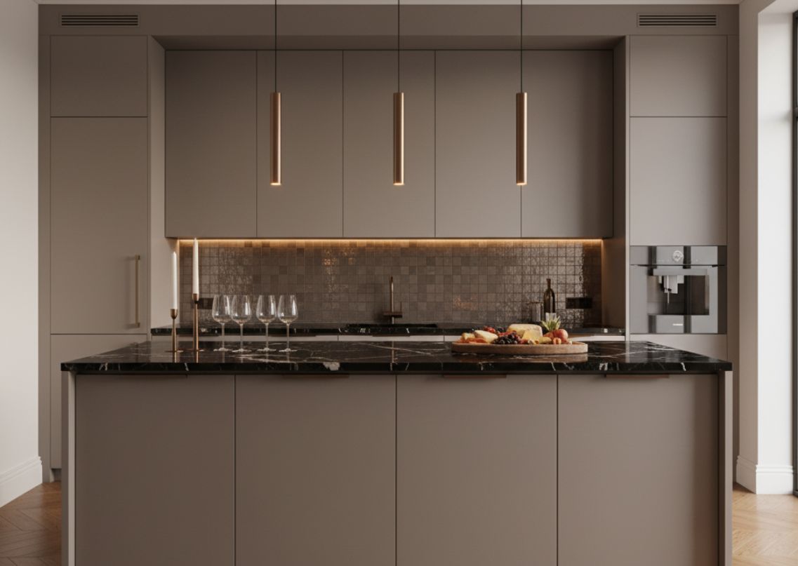 Kitchen with grey cabinets and black marble island - Beautiful Homes