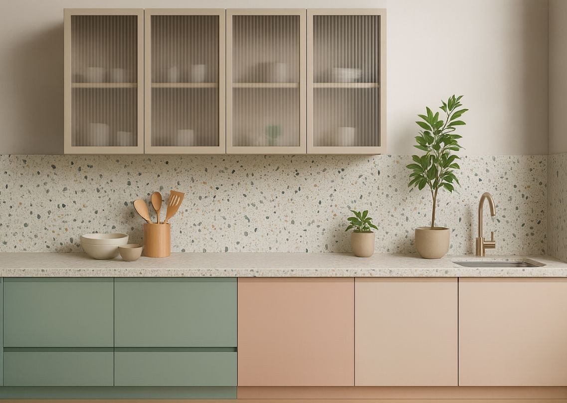 Modern kitchen with pastel cabinets and terrazzo backsplash - Beautiful Homes