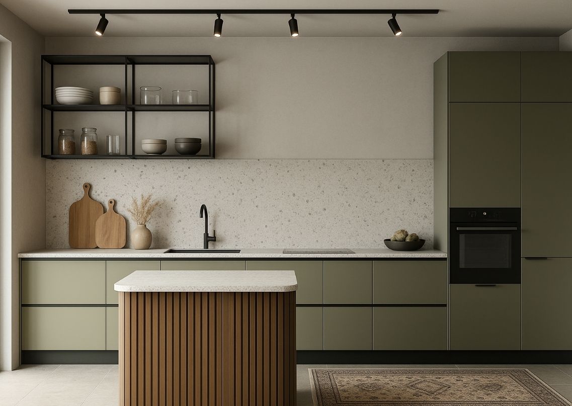Modern kitchen with green cabinets and marble island - Beautiful Homes