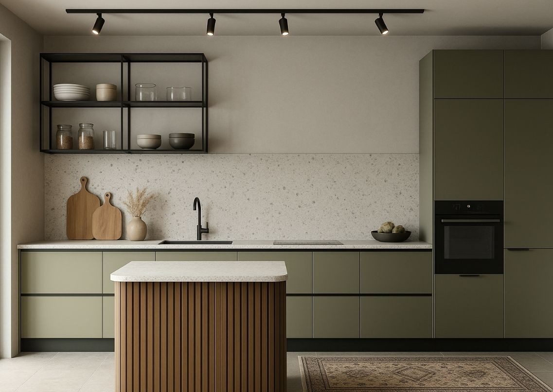 Modern kitchen with green cabinets and marble island - Beautiful Homes