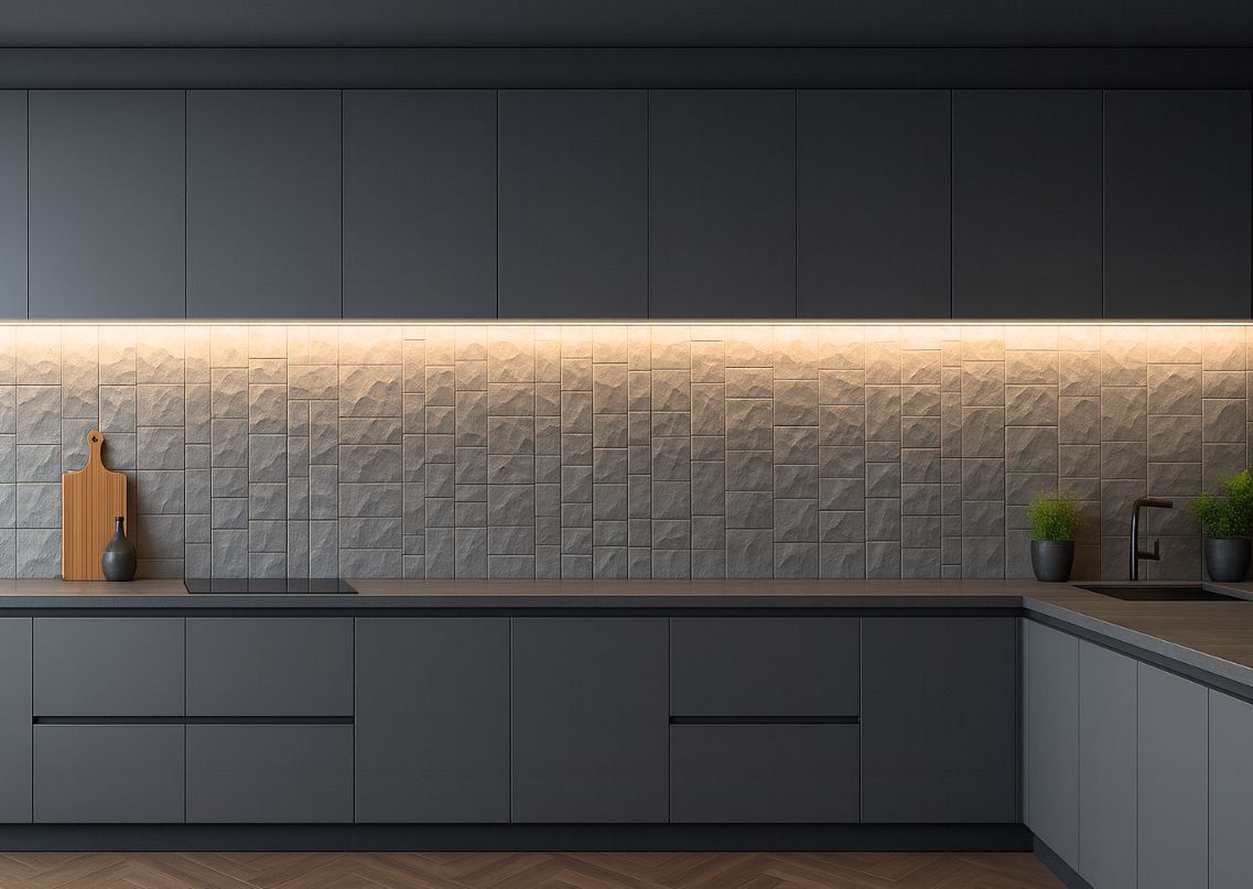 Modern kitchen with textured 3D stone backsplash panels and handleless matte grey cabinetry - Beautiful Homes