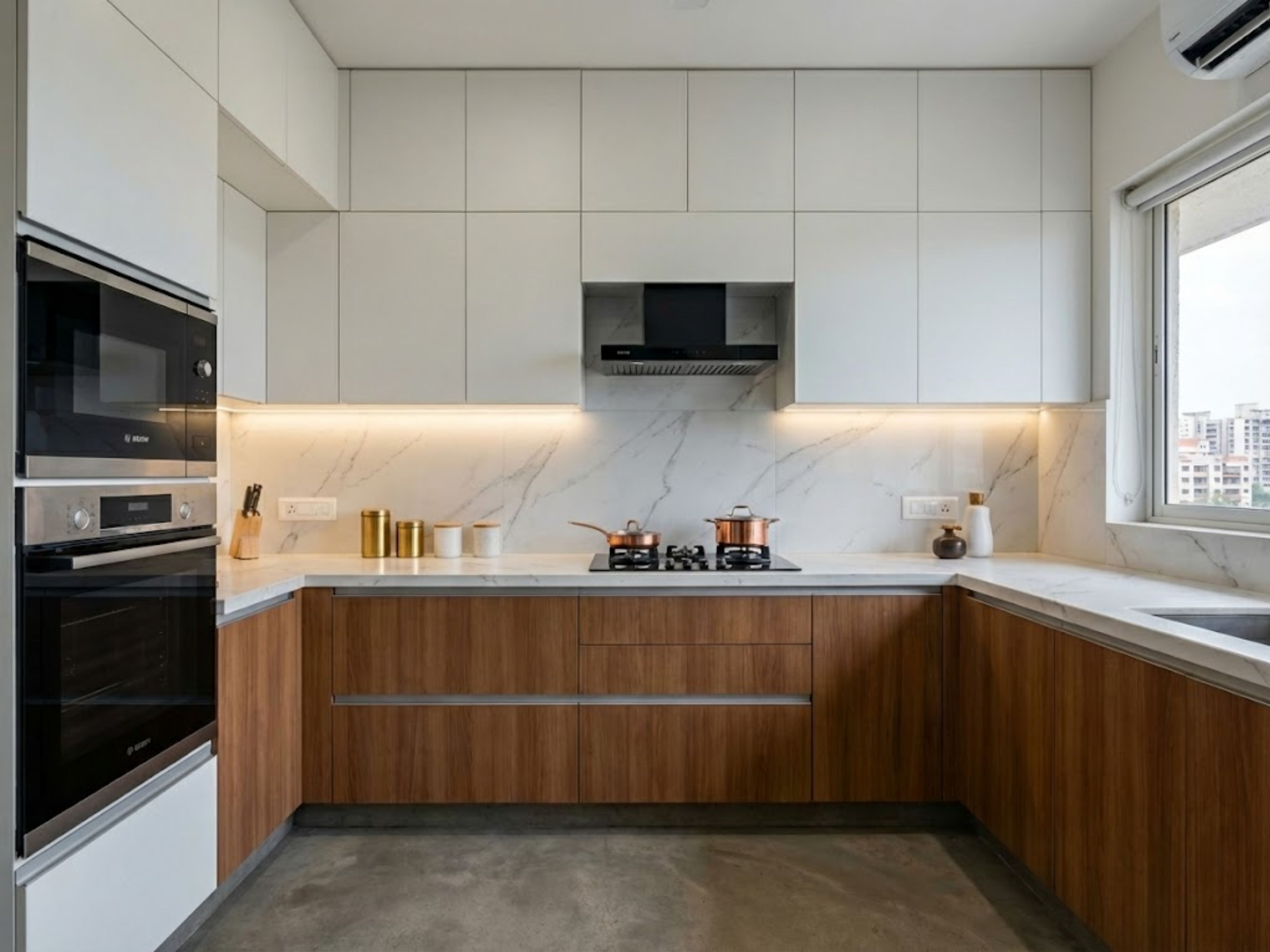 Modern modular kitchen with wood and marble accents - Beautiful Homes