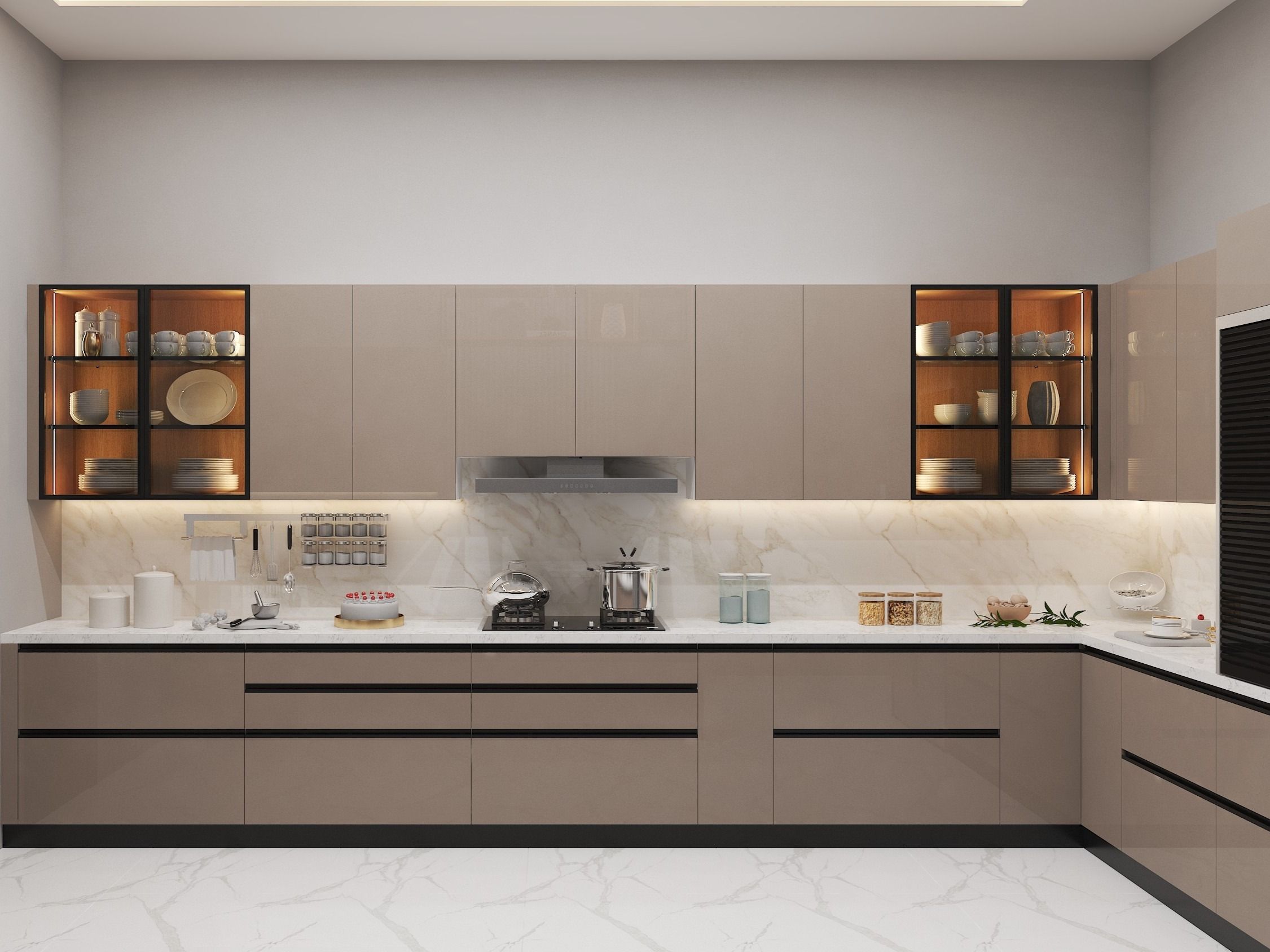 Minimalist kitchen featuring beige cabinets, marble backsplash, and integrated lighting - Beautiful Homes